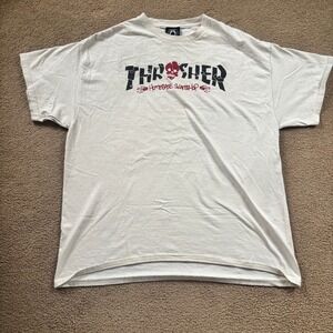 Vintage Thrasher T Shirt Mens Large White Red Skull Y2K Skater Grunge Streetwear